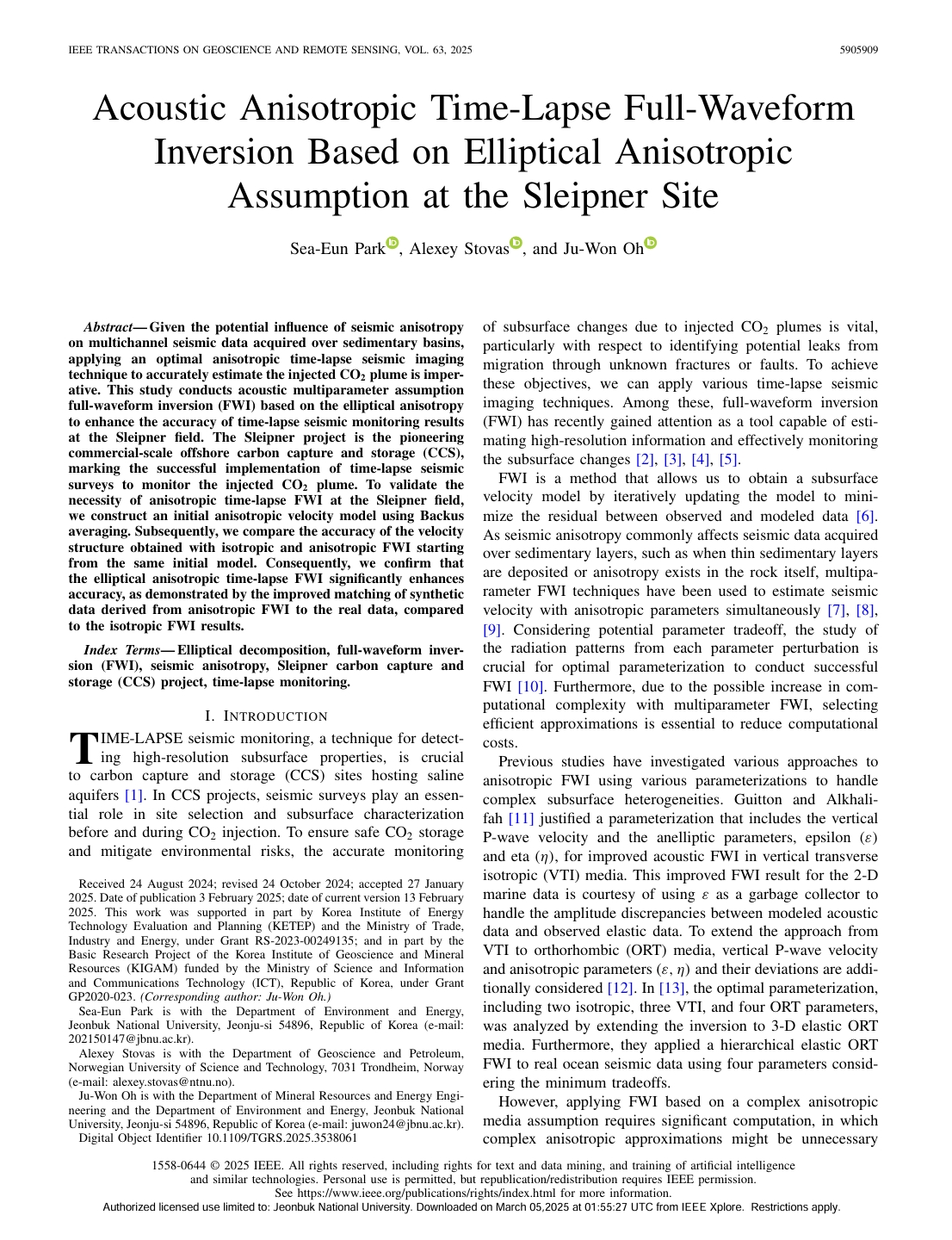 PhD Student Sea-Eun Park Publishes 4D FWI Paper in World-Renowned Journal IEEE TGRS