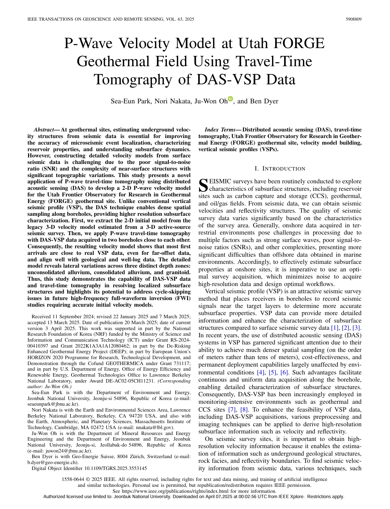 PhD Student Sea-Eun Park Publishes Velocity Modeling Paper on the Utah FORGE Geothermal Site in IEEE TGRS