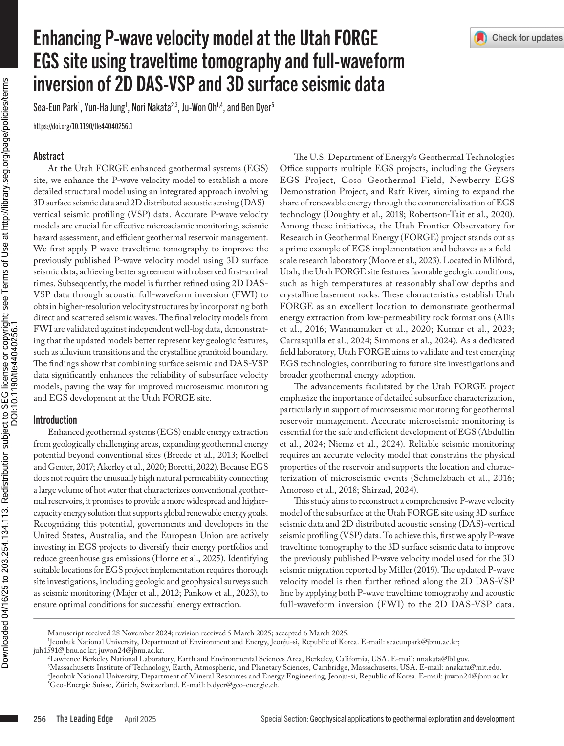 PhD Student Sea-Eun Park Publishes Paper on Utah FORGE Site Velocity Modeling in The Leading Edge by SEG